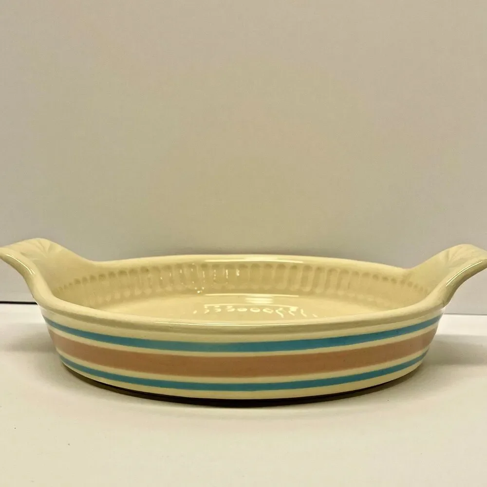 Vintage McCoy Stonecraft Pink Blue Stripe Au Gratin/Pie Plate 7031 USA 8.75-NICE